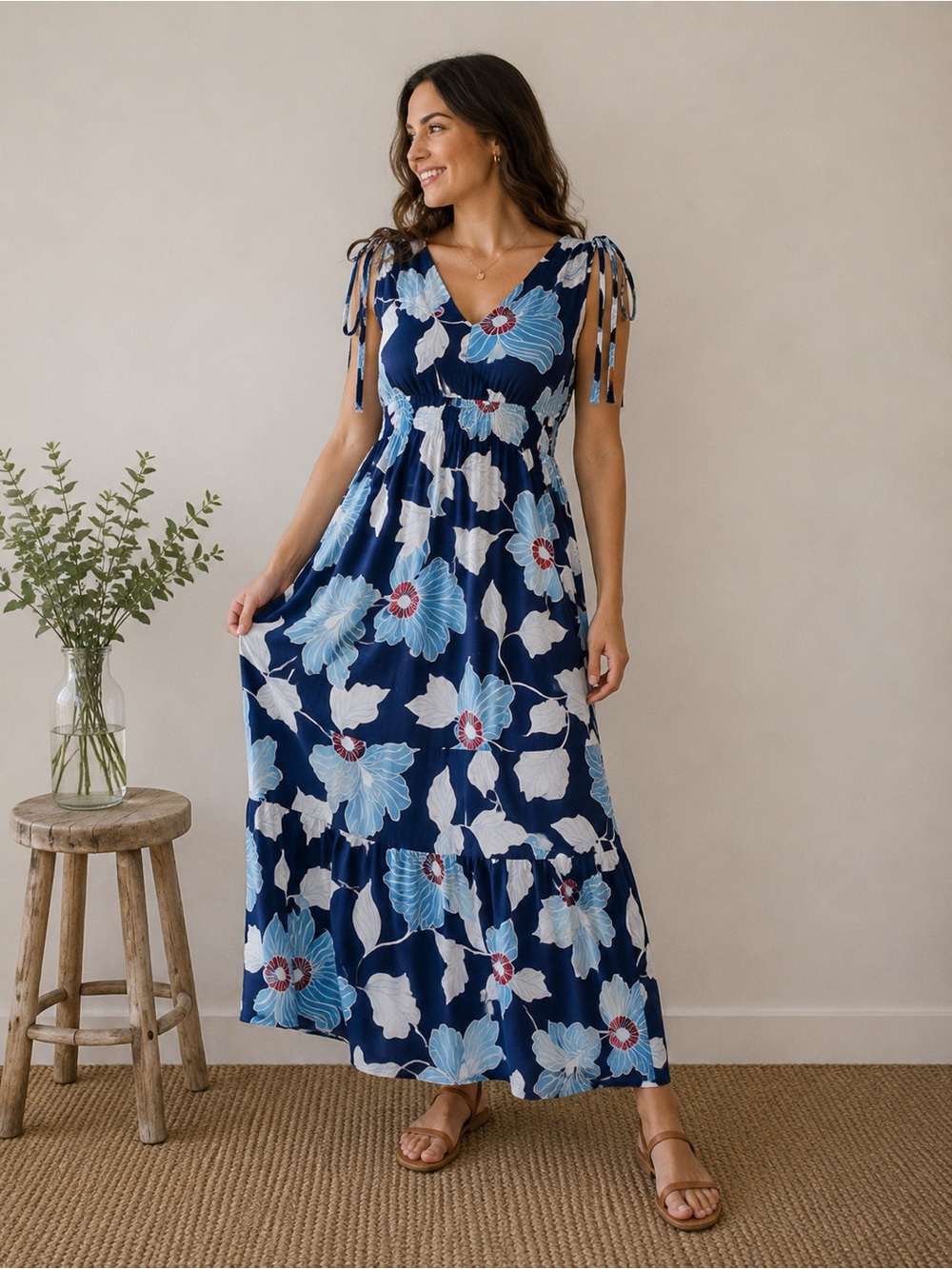 Jessica Simpson Navy Maxi Dress with Light Blue & White Floral Print